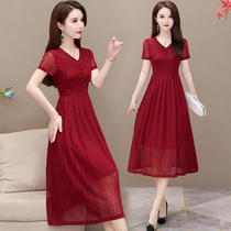 Short Sleeves Lace Dress Dress Woman 2022 Summers new medium long style Temperament Slim to Knee A Word Skirt