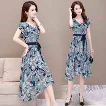Snowspun hymn dress Women Summer 2022 new close-up Waist Lacing Temperament Fan in a print a word skirt