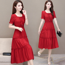 Pure Color Short Sleeves Dress Dress Woman 2022 new Summer closets Slim Temperament Van Mids Cake Skirt