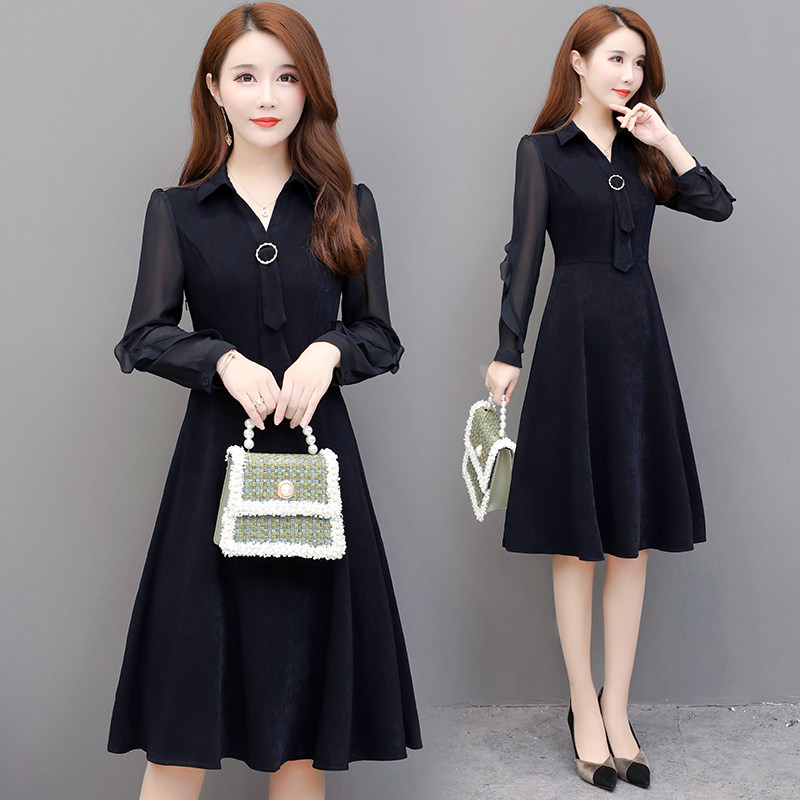 Small long-sleeved spring and Autumn dress women's 2021 spring new waist thin mother in the long version of the a-line skirt