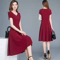 Temperament chiffon short sleeve dress female 2021 new summer waist slim mother long A- line dress