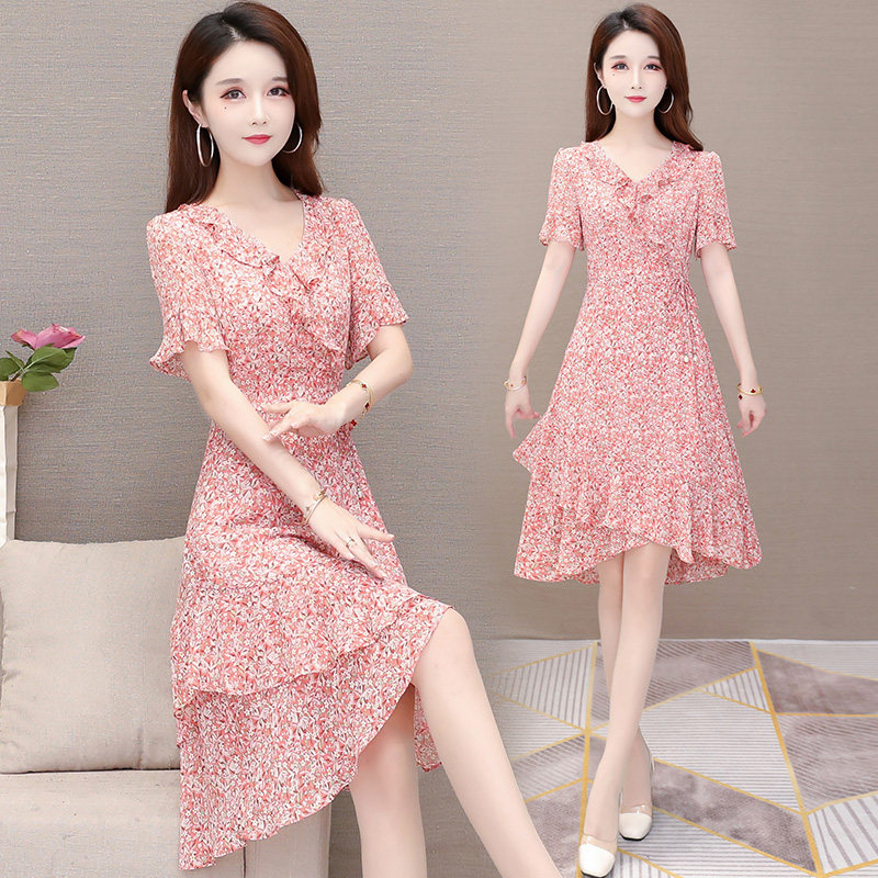 Fashion Floral Dress Women's Summer Dress 2022 New Irregular Waist Slimming Small Chiffon Skirt