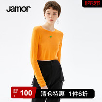 Jamor autumn new simple and sweet low round neck pullover sweater womens thin section bottoming sweater orange