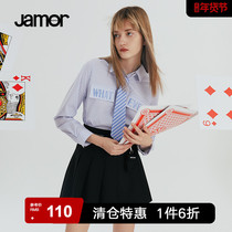 Jamor spring and autumn new blue striped college wind shirt ladies long-sleeved retro stand-up neckline top