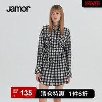 Jamor spring and autumn new sweet college style shirt dress waist tie black and white plaid A-line skirt