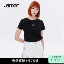 Jamor Spring Summer Sweet College Wind and Fit-collar Top Woman Black Cotton Short Sleeve T-shirt