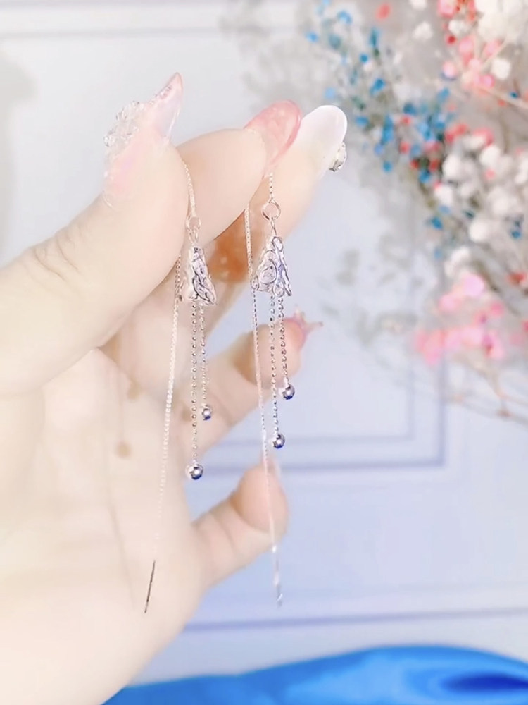 S925 Pure Silver Ear Ring Female Super Fairy Fashion Temperament Wind Bells Flutsuru TREND LONG VERSION Thin Face Anti-Lose Ear Accessories