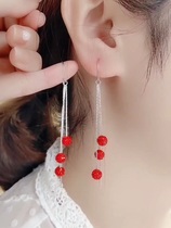 Pure silver earrings for women 2021 New Year red Sansheng III water crystal ball flow Suearline superfairy fashion anti-lose ear decoration