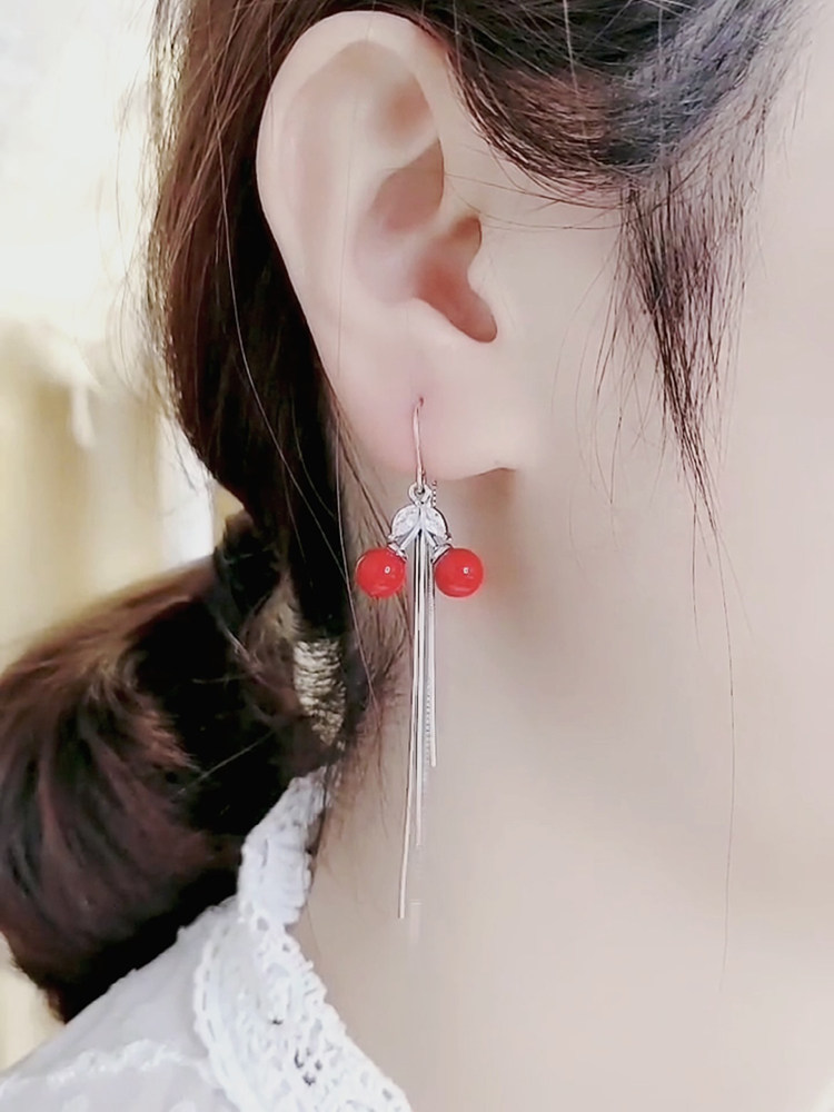 Sterling silver earrings female 2021 trend fashion sweet flower cherry earrings super fairy temperament anti-lost tassel ear jewelry