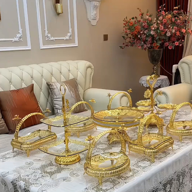 European-Style Glass and Metal Fruit Plate Set, 9 Pieces, 12 Heads, Xinjiang New Home Wedding Reception Luxury Fruit Plate, Dried Fruit Plate, Cake Plate