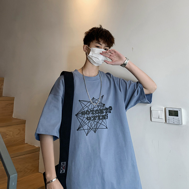 Harajuku style coat men's half sleeve Korean trend Hong Kong wind short sleeve loose simple Joker smog blue T-shirt Tide brand ins