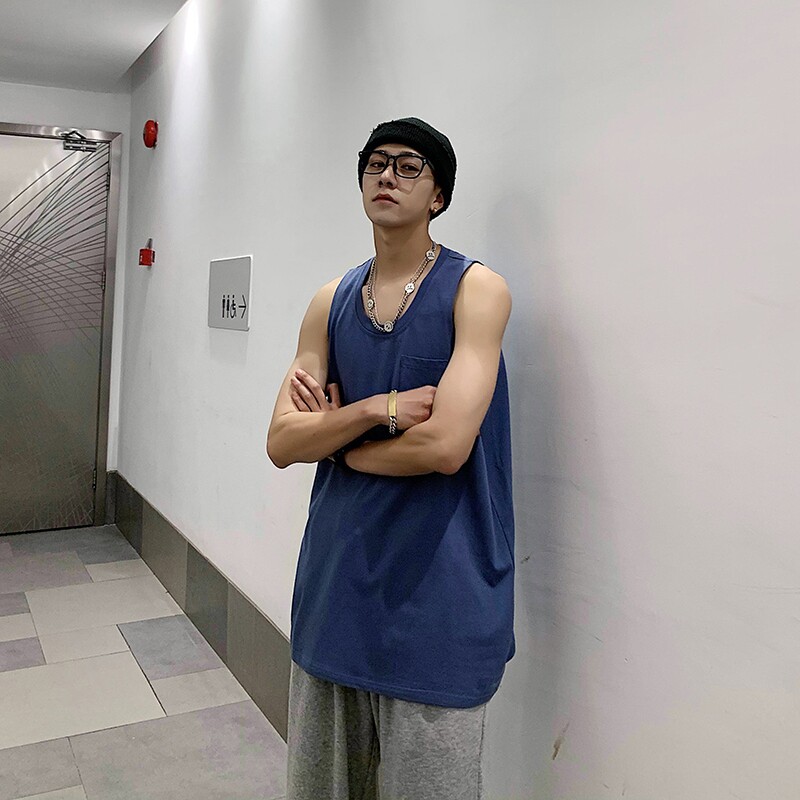 Cross-column vest men tide in summer wearing sleeveless t-shirt trend personality loose basketball fitness cann shoulder
