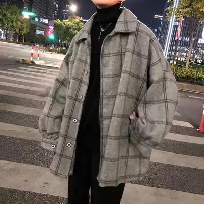 2020 Autumn net red plaid jacket men's clothing medium and long version of the Korean version of the trend ins loose student woolen coat