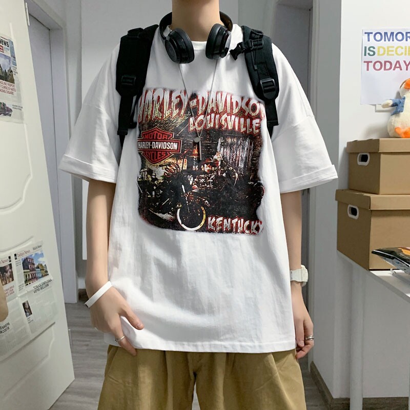 Harajuku style T-shirt boys tide card trend ins loose hip hop clothes summer harbor wind Joker trendy men short sleeve Korean version