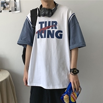 Fake Two T-Shirt Male Tide Cards 100 Hitch Summer Clothes Trend Design Sensation small crowdsourced Short sleeves Loose Ins port Wind half sleeves