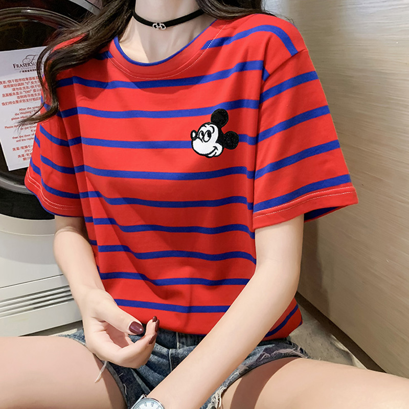 2022 Summer New Cotton Mickey Embroidery in Tide Students Design Strip Short Sleeve T-shirt