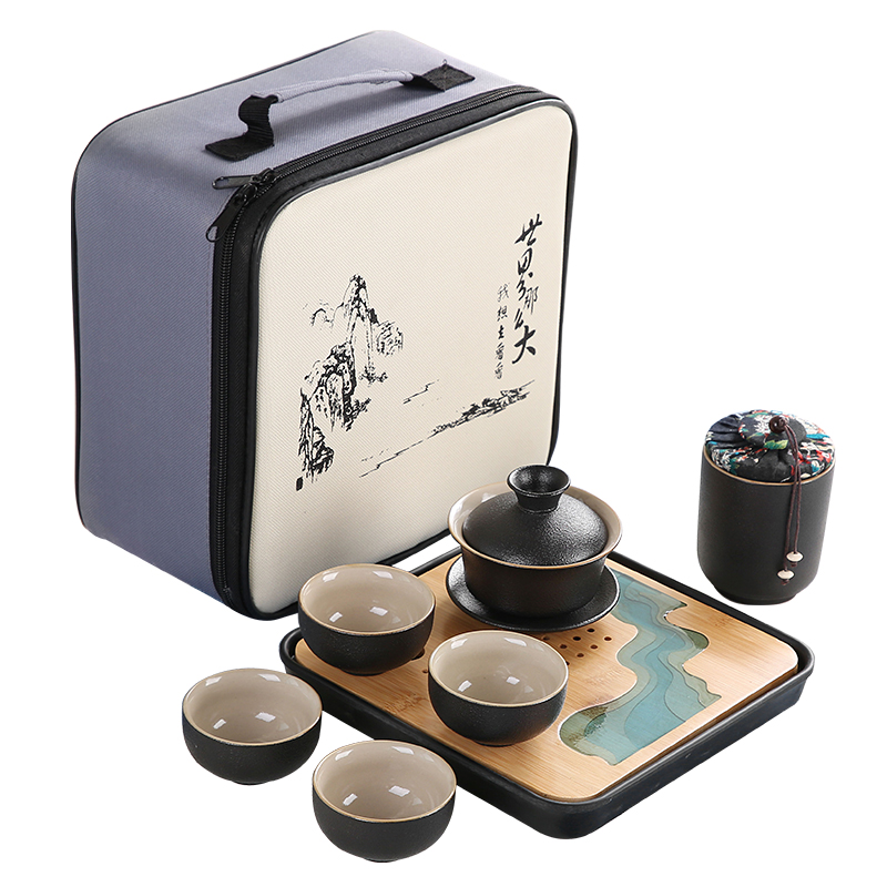 Sand embellish kung fu tea set of black suit household contracted ceramic Japanese is suing travel portable package small dry tea tray