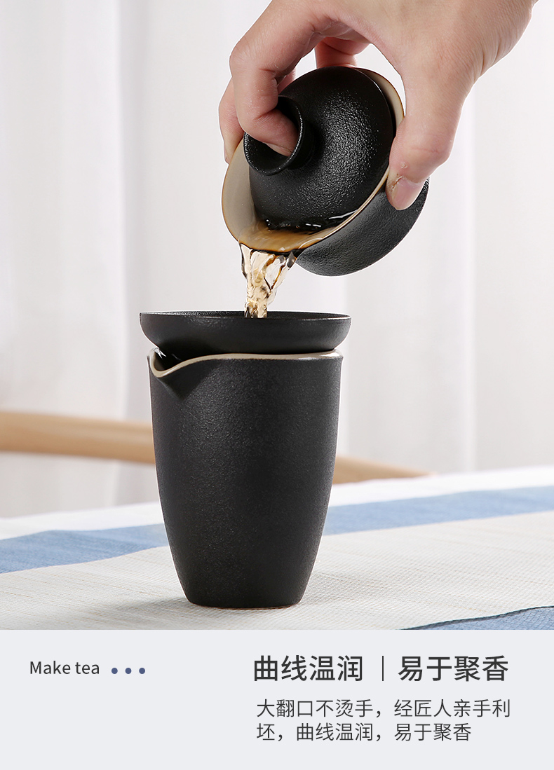 Sand embellish travel of black ceramic tea set household contracted Japanese office small round tray is suing portable package