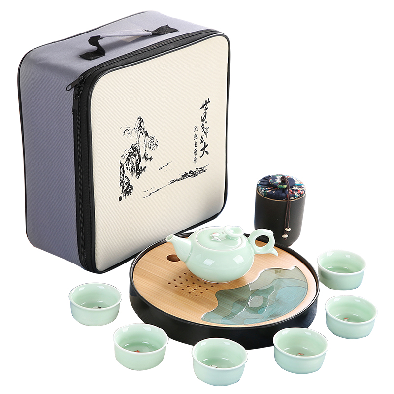 Sand embellish celadon ceramic tea set household contracted Japanese office travel small round tray is suing portable package