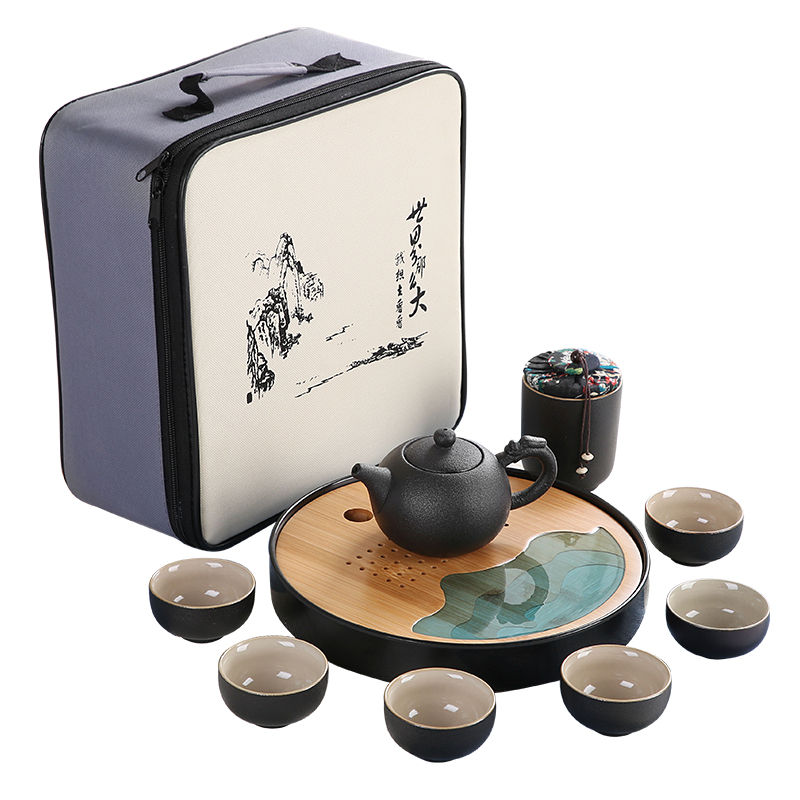 Sand embellish travel of black ceramic tea set household contracted Japanese office small round tray is suing portable package