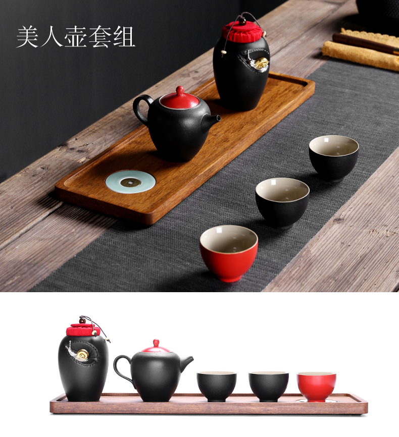 Sand embellish ceramic travel tea set of black suit and contracted Japanese ceramic vehicle is suing teapot portable package