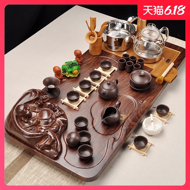 Automatic regimen glass pot of tea set of household solid wood tea tray was violet arenaceous kung fu tea set contracted tea combination