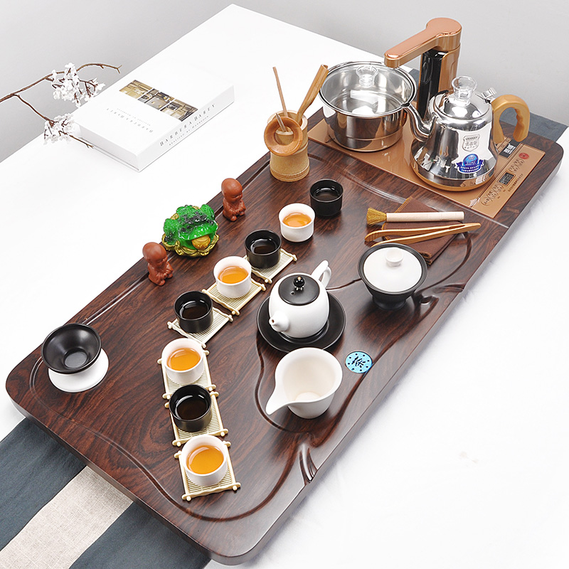 Sand embellish ceramic tea set household ice crack kung fu tea tea set solid wood tea tray automatic induction cooker