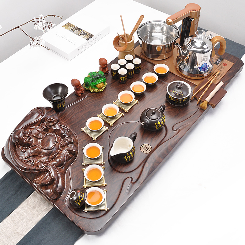 Tea set purple ice crack glaze kung fu Tea set solid wood Tea tray automatic induction cooker four unity