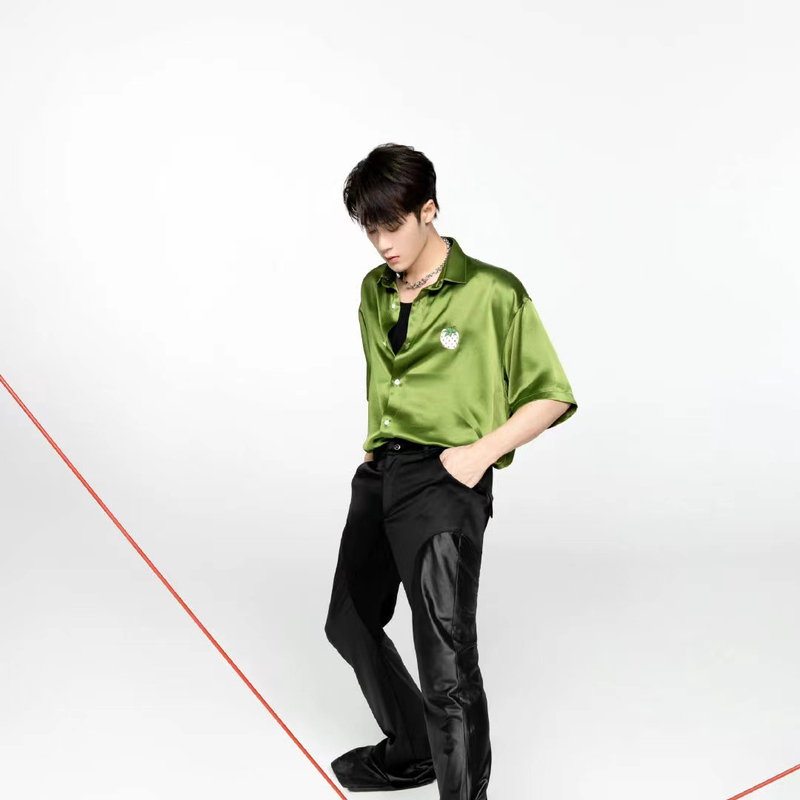 Tian Jianci and Wang Jiaer's Same Style Green Strawberry Satin Korean-Style Cardigan Jacket Loose Top Unisex Short-Sleeve Shirt