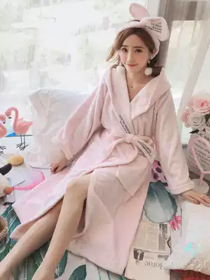 Autumn and winter gown padded pajamas female winter coral velvet bathrobe Korean loose large size flannel bathrobe