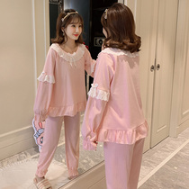 Cotton pajamas womens long sleeves spring and autumn princess style students sweet and lovely home clothes two-piece 2021 New