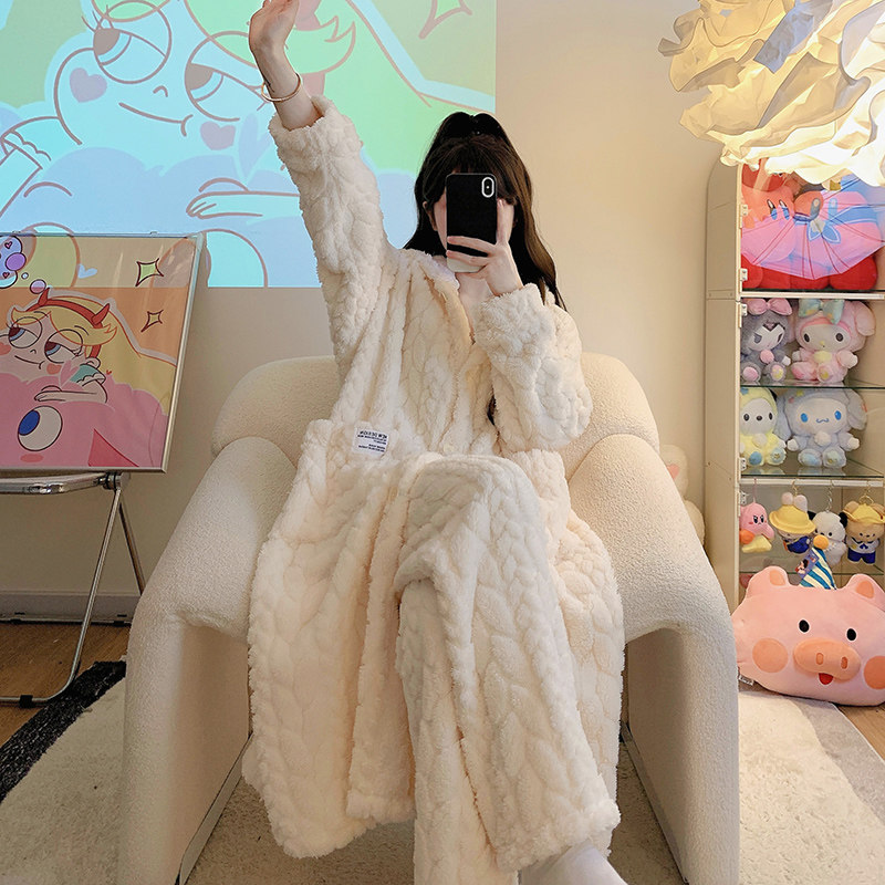 2023 New Coral Suede Pajamas Woman Autumn Winter Sleeping Robes Long gushed Thickened Flannel Suede Suit-Taobao