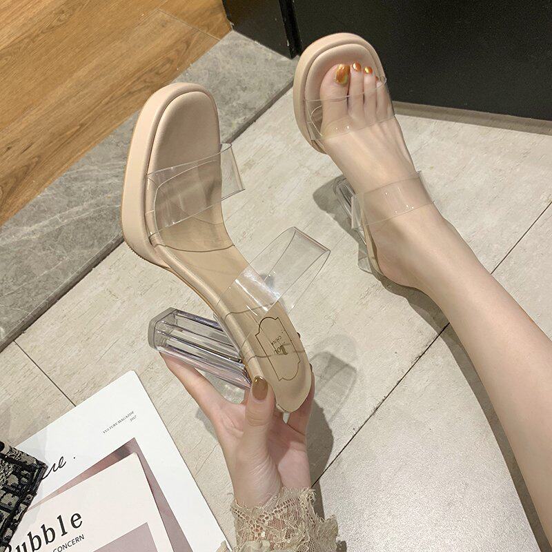 Tide brand high-heeled sandals women's 2022 new summer fairy style thick heel with transparent crystal slippers for outer wear