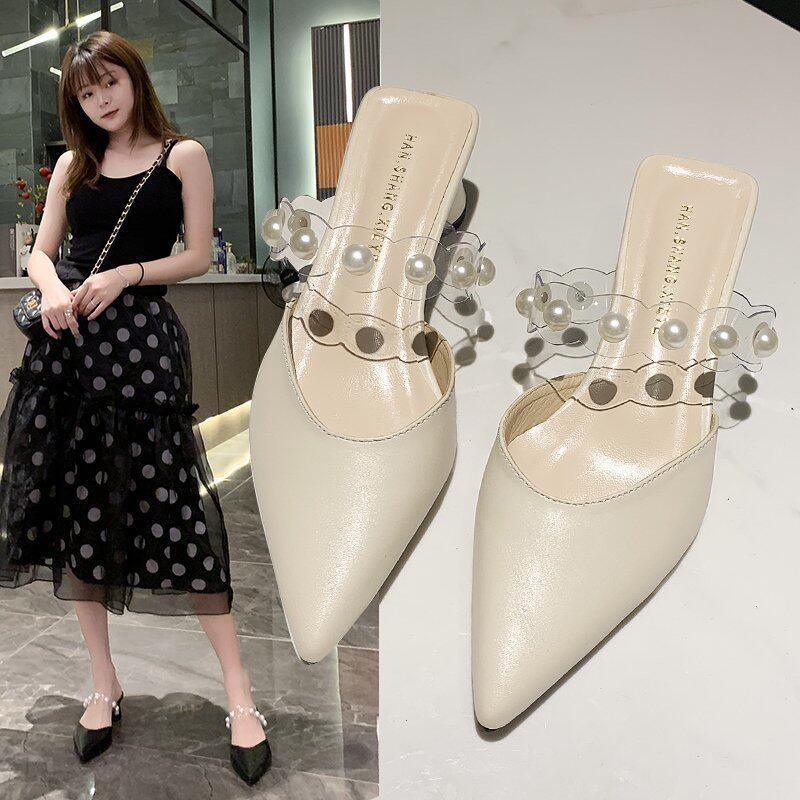 Trendy brand Baotou half slippers women wear 2022 summer new pointed fairy style sandals pearl thick heel sandals and slippers