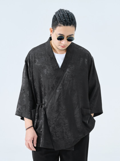 半墨大码男装新中式开衫道袍男夏季新款宽松提花七分袖汉服外套潮