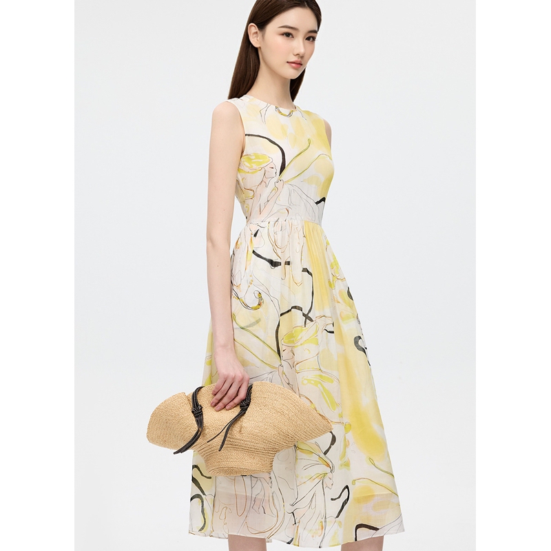 Langyu Ziyun Ramie Print Dress with a Sense of Design, 2026 Summer New Style, Sleeveless, Waist-Cinching, Slimming, Elegant Dress for Women