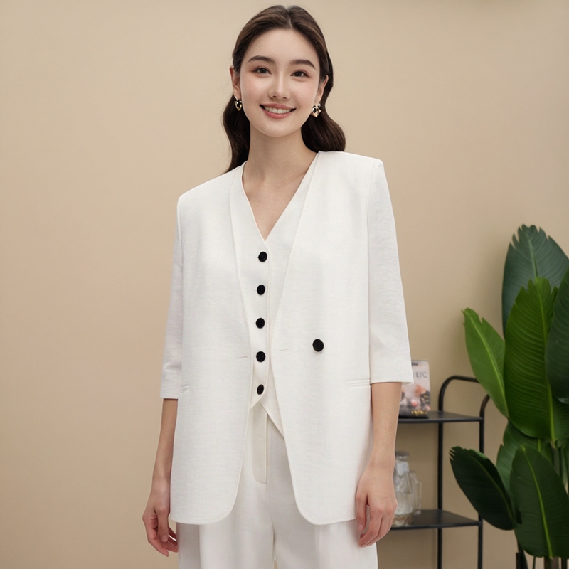 Langyu Ziyun High-Intelligence Single-Button White V-Neck Blazer, Elegant and Suitable for Commuting, New Summer 2026 Model