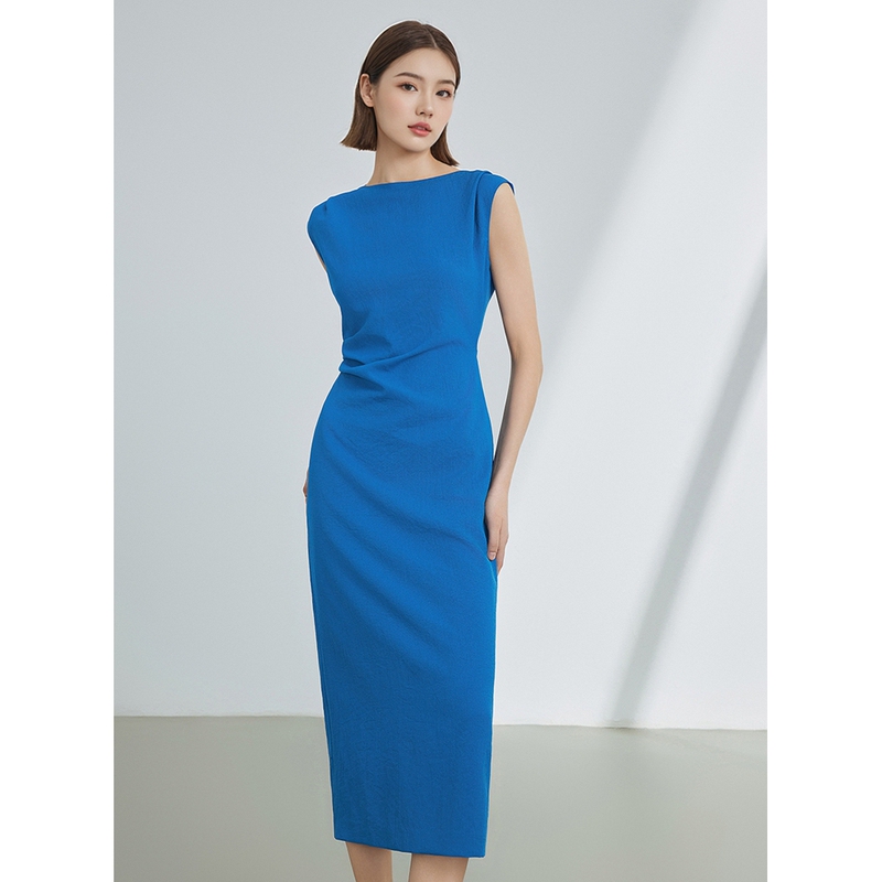 Langyuzi French-Style Off-Shoulder Cinched Waist Pleated Design Elegant Long Dress Summer 2025 New Women's Formal Dress