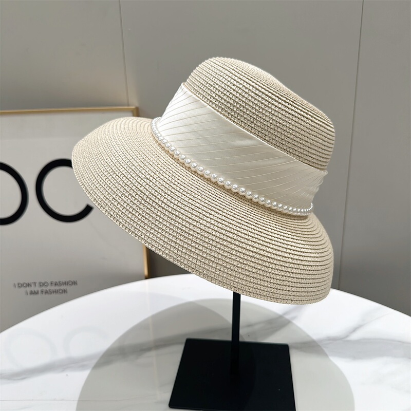 New Small Lampshade Sun Protection Straw Hat Women's Pearl Decorative Small Lampshade Sunshade Beach Outing Pot Cover Sun Hat