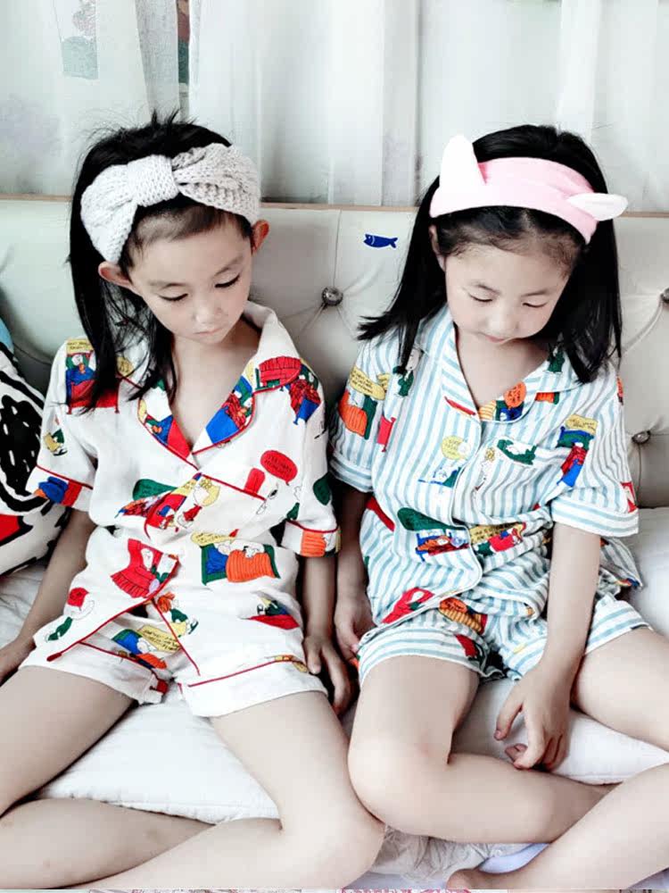 Children's home clothes set Summer men's and women's foreign school Snoopy gauze pajamas Japanese pure cotton baby air conditioning clothes