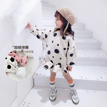 Children's vests fall winter girls plus velvet long wave dot vests dress Korean version of baby style ruffled dress