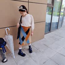 Children's Skirt Spring and Autumn Girls Ethnic Geometric Knitted Skirt Korean Female Baby Foreign Style Wool Skirt
