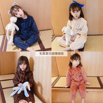 Children's coral fleece household clothing autumn and winter boys and girls double-sided fleece pajamas set Korean version of baby foreign style two-piece thick