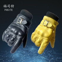FOSITE motorcycle buffalo leather winter chill-proof and warm lengthening thickened anti-fall retro genuine leather male and female knight gloves