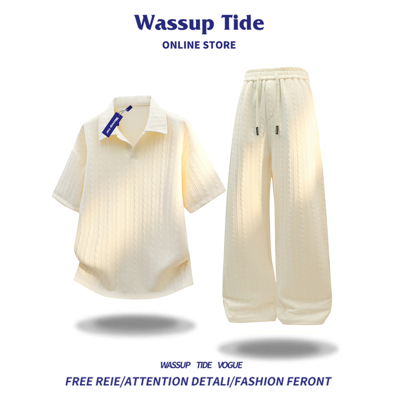 Wassup Tide American-Style Wheat Ear Texture Large Size Suit for Men, Spring and Summer Loose Casual Polo Shirt and Sweatpants