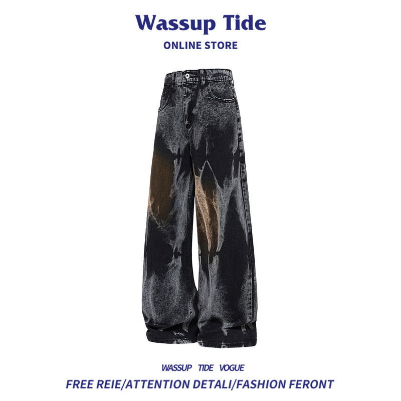 Wassup Tide American Retro Tie-Dye Jeans for Men, Trendy High Street Style, Cool and Stylish Design, Slightly Flared Straight-Leg Pants Wassup Tide American Retro Tie-Dye Jeans for Men, Trendy High Street Style, Cool and Stylish Design, Slightly Flared Straight-Leg Pants