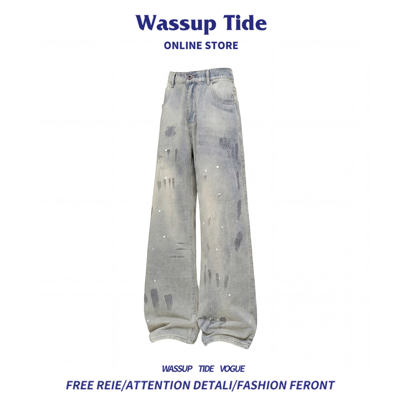 Wassup Tide American High Street Splatter Ink Dirty Jeans Men's New Loose Casual Straight Wide-Leg Trousers