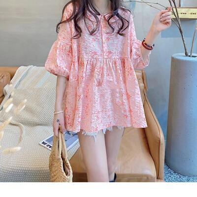 2026 Spring and Autumn mid-sleeved Korean style loose and sweet water splash lantern sleeve puffy cotton and linen doll collar shirt doll top