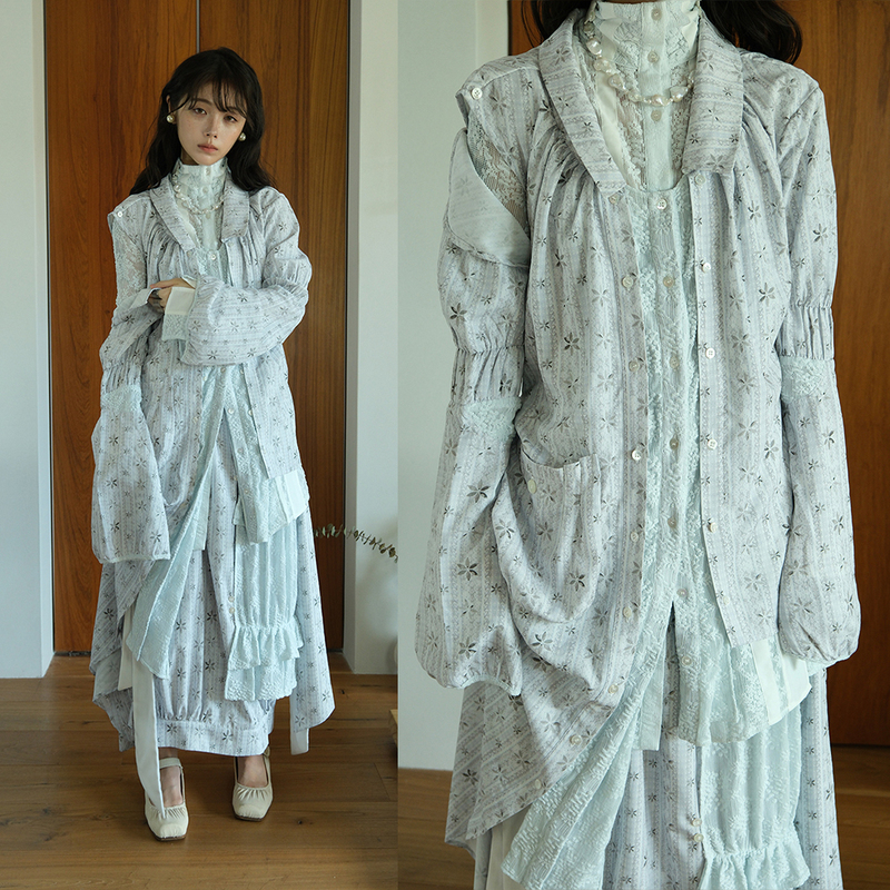 Mimichi Light Blue Lace Jacquard Asymmetric Design Shirt Jacket Mimichi Light Blue Lace Jacquard Asymmetric Design Shirt Jacket