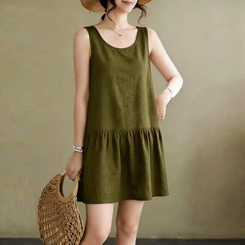 Summer Fashion Round Neck A-Line Pleated Cotton Silk Sleeveless Vest for Women, Loose and Versatile, Slimming Solid Color Mid-Length Vest Dress Summer Fashion Round Neck A-Line Pleated Cotton Silk Sleeveless Vest for Women, Loose and Versatile, Slimming Solid Color Mid-Length Vest Dress